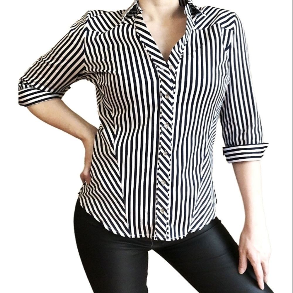 New York & Company Womens Top Small Black White Stripe Button Up Shirt Office